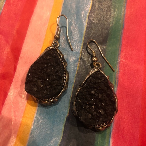 3 for $15 - Black Druzy Rough Edge Dangle Earrings - Picture 3 of 5